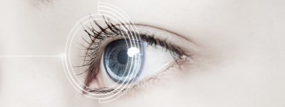 Close-up of an eye with a contact lens, illustrating contact lens fittings